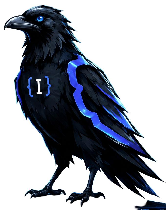 Super Raven, the Intelligility mascot — a black cyber-raven with electric blue markings and the {I} emblem